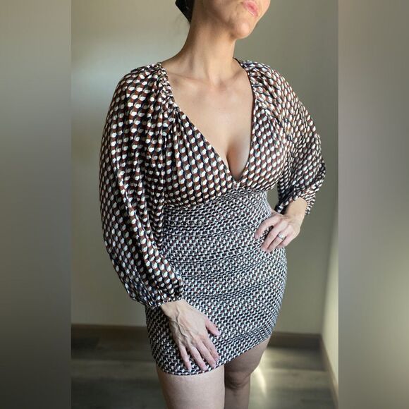 ACOA Puff Sleeve Mini Dress NEW Stretch Earth Tones Party - Picture 1 of 11